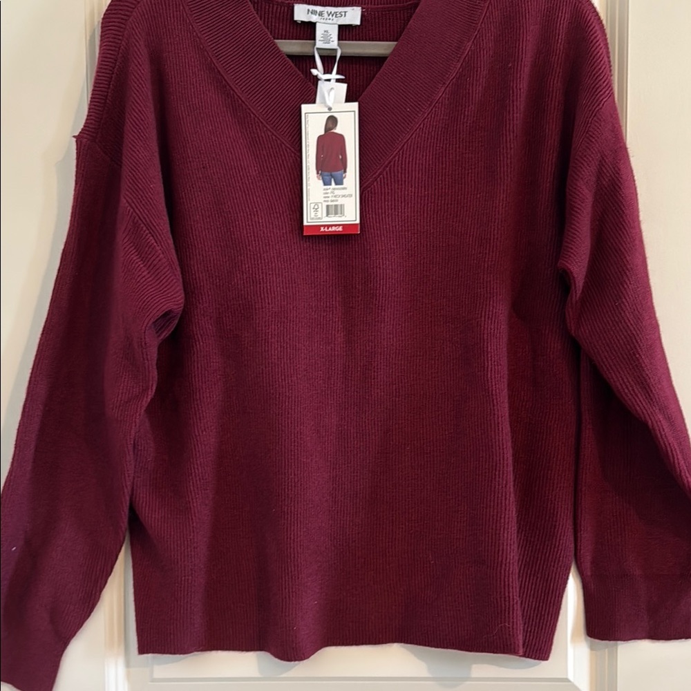 Nine West Red V-Neck Sweater Soft Knit Long Sleeves